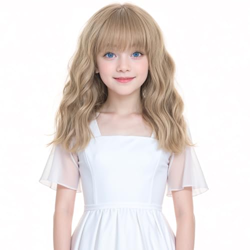 VERNA Kids Blonde Wig Kids Wig Blonde Kids Wig Child wig Blonde Wig for Girls Flaxen Blonde Kids Wig with Bangs Short Wavy Wig for Cosplay Halloween Party Costume(12 Inches Flaxen Blonde)