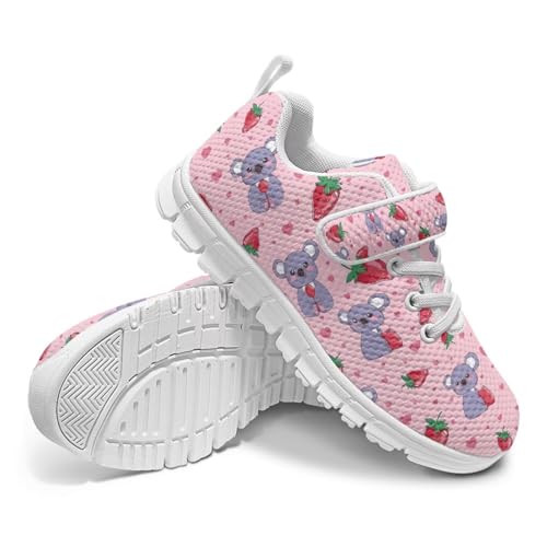 Little Kid Tennis Shoes Slip On Boys Girls Sneakers Casual Running Shoes Woven Breathable with Soft Soled Sports Hook-Loop Outdoor Shoes Koala Strawberry Pattern（White Sole）4