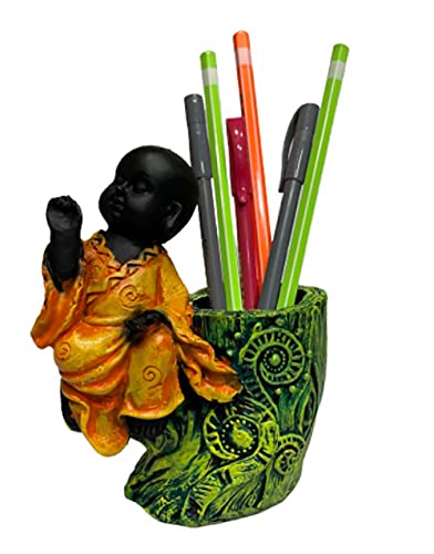 Image of AUGEN Pen Stand Decorative Hand Painted Yellow Buddha Design Stationery Holder | Gift Item | Table Top Decor (2046)