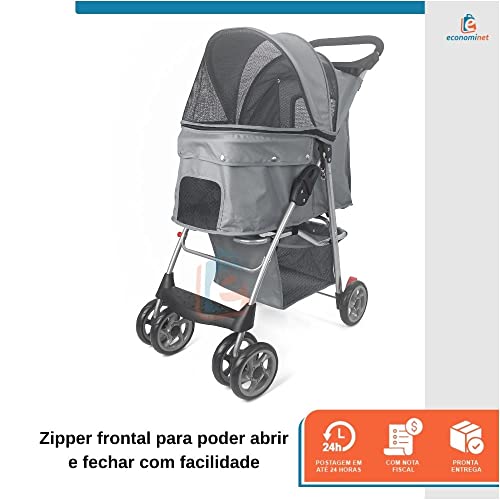 Carrinho Passeio Pet Cao e Gato Com Cesto e Porta Copos Cinza