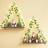 Fixwal Artificial Ivy LED-Strip Floating Shelves Set of 2, Macrame Hanging Shelves Plant Wall Decor, Rustic Boho Wood Wall Storage Shelves for Bedroom, Living Room, Bathroom Decor (Dark Brown)