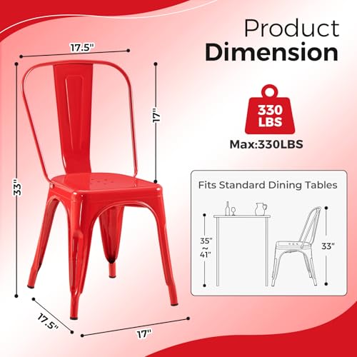 Image of Metal Dining Chairs with Backrest, Stackable, Red, 4 Pack | Easy Assembly, Non-Slip Feet, 330 lb Capacity, Kitchen, Restaurant, Cafe, Pub, Covered Patio