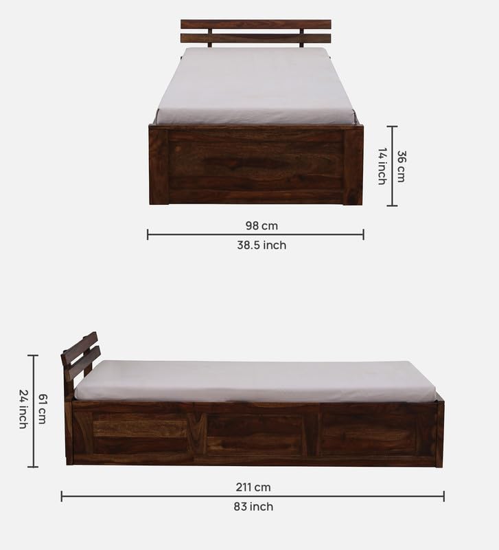 Image of Solid Sheesham Wood Admire Single Bed with Box Storage | Wooden Single Bed Cot Palang Furniture for Bedroom Living Room Home and Hotel (Provincial Teak Finish)