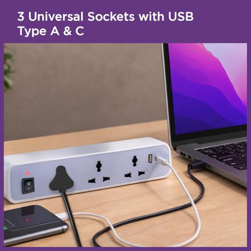 Image of EcoLink PowerPlus 3-Socket 6A Extension | Dual USB-A & USB-C Fast Charging Ports | Compact, Portable & Safe Power Strip | Home, Office & Travel | Overload & Short Circuit Protection | pack of 1