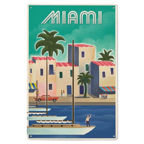 Lantern Press 6x9 Inch Wood Sign, Ready to Hang Wall Decor, Miami, Florida, Waterfront Litho