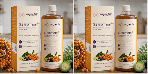 Image of Sugar.fit | Active Food Sea Buckthorn Juice, with Karela, Jamun, Amla and 8 Other Herbs, Rich in Antioxidants, 1 L (Pack of 2)