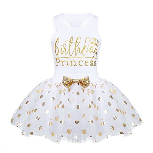 winying Baby Girls Birthday Princess Outfit Racer Back Vest with Golden Polka Dots Tutu Skirt Set White a 3T