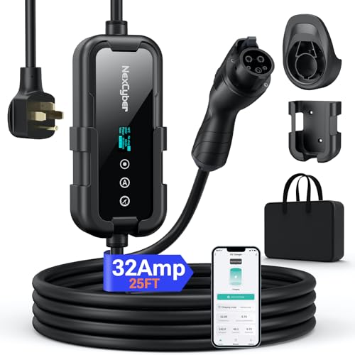 NexCyber Level 2 EV Charger 32Amp with WiFi APP/Plug-Play, 240V NEMA 14-50P Plug, 25FT Cable with ETL Certified, Portable Electric Vehicle Charging Stations EVSE J1772 Connector (32A j1772 Connector)