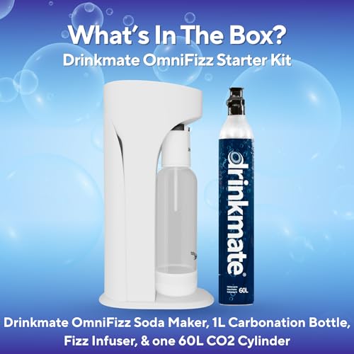 Image of Drinkmate OmniFizz Sparkling Water Maker & Soda Streaming Machine | Carbonates Any Drink | STARTER KIT | Includes One 60L CO2 Cartridge + One BPA-Free Bottle (Classic White)