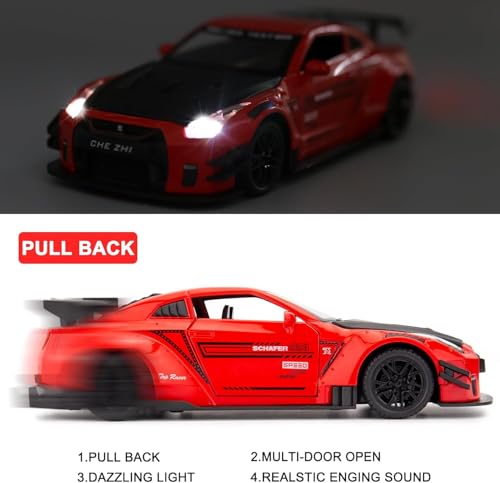 Image of FEXXA 🏎️ Exclusive Alloy Metal Pull Back Die-cast Car Model with Sound Light Mini Auto Toy for Kids Metal Model Toy Car with Sound and Light (1.24 Scale NISS-an GTR -RED)