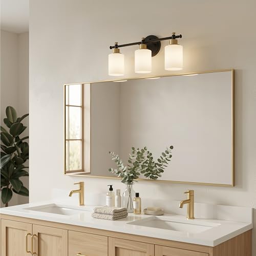 Image of 3-Light Bathroom Vanity Light, Black and Gold Vanity Lights for Bathroom with Milky White Glass Shade, Vanity Light Fixture Over Mirror, Modern Style, 16 Inch Compact, E26 Base