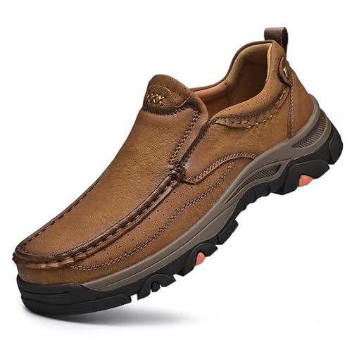 Mens Slip on Leather Loafers, Casual Walking Shoes, Comfortable Sneakers, Outdoor Waterproof Breathable Hiking Shoes