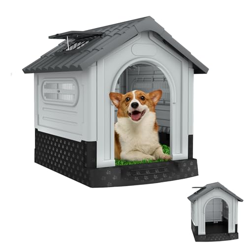 Aufun Haustierhütte Kunststoff Outdoor, Wasserabweisend isoliert Hundehaus Unterschlupf, obuste Hundehütte mit Lüftungsgitter und erhöhtem Boden, Oberlicht,Für draußen und drinnen,79.5x70.5x78cm, Grau