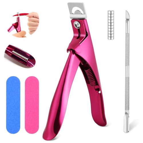 ALIIP Cortaúñas Postizas de Acero Inoxidable, Cortador de Uñas Profesional con Empujador de Cuticulas,Mini LimaUñas y Imanes, Cortaúñas Cápsulas, Corta Tips para Uñas Postizas y Gel (Rosa Roja-14Pcs)