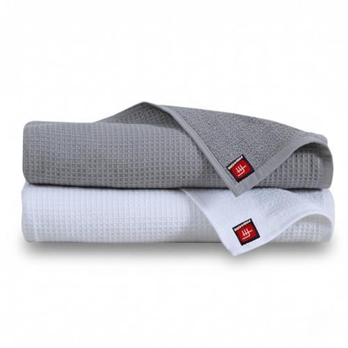 Image of Fash Home Waffle Terry Fusion 2pc Bath Towel-75X150cm Full Large Size 100% Soft Cotton Super Luxurious | Quick Absorbent | Only for Premium Royal Elite Class Men /Women /Couples-White&Grey