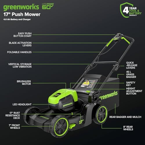 Image of Greenworks 60V 17in Brushless Cordless Push Lawn Mower, 2-in-1 Mulching /Bagging, 4.0Ah Battery and 3A Charger(40min Runtime), Extra Mower Blade