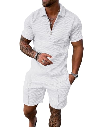 UOUA Herren 2-teiliges Sommer-Set Polo mit Viertelreißverschluss & Shorts Trainingsanzug für Golf Freizeit Entspannung Weiß L