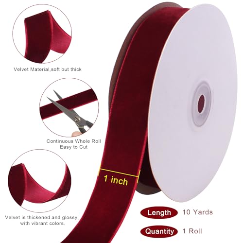 Image of Tsorode 10 Yards Black Velvet Ribbon 1 Inch for Christmas Tree,Velvet Christmas Ribbon for Gift Wrapping Crafts Bow Wreath Holiday Decorations (Burgundy, 1 inch-10 Yard)