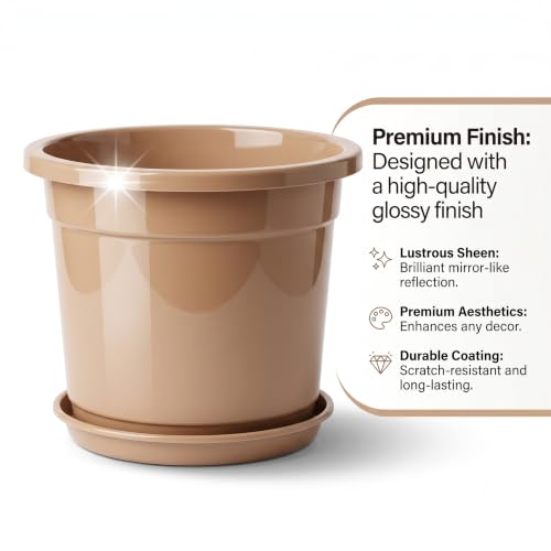 Image of 12 Inch Glossy Dune Beige Plastic Planter with Bottom Plate | Heavy Duty Flower Pot with Tray for Indoor Home Decor, Balcony, Living Room & Outdoor Garden (3 Pot, Dune Beige)