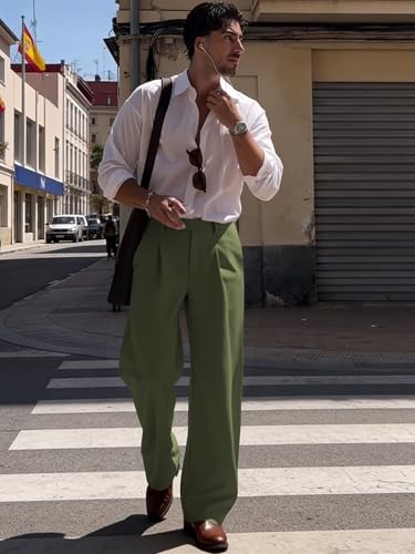 Image of JMIERR Mens Baggy Casual Dress Pants Lightweight Pleated Old Money Wide Leg Pants Loose Relaxed Fit Trousers