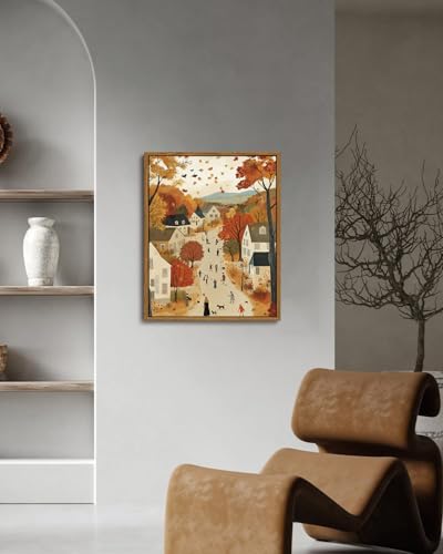 Image of KISSFOX Framed Wall Art Vintage Wall Decor Fall Landscape Pictures Cottage Scenery Canvas Art Farmhouse Countryside Paintings Artwork For Bedroom Kitchen Living Room