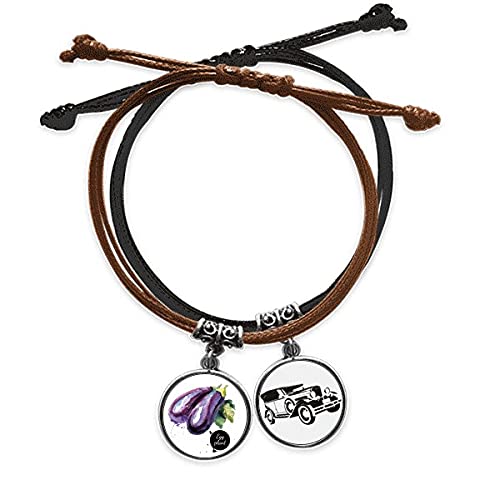 Aubergine légume aquarelle bracelet corde ajustable avec mini bus et cordon en cuir fait main
