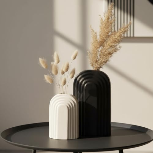 Image of Purezento Indigo Gated Ceramic Flower Vase /Home Decor Centrepiece /Showpiece /Modern Farmhouse Vase for Living Room, Bedroom Office, Table (Black /White Pack of 2) (Black & White)