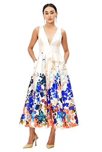 Eshakti Women's Placed Floral Print Dupioni Empire Dress 4X-30W Rich Cream Multi #TOP12