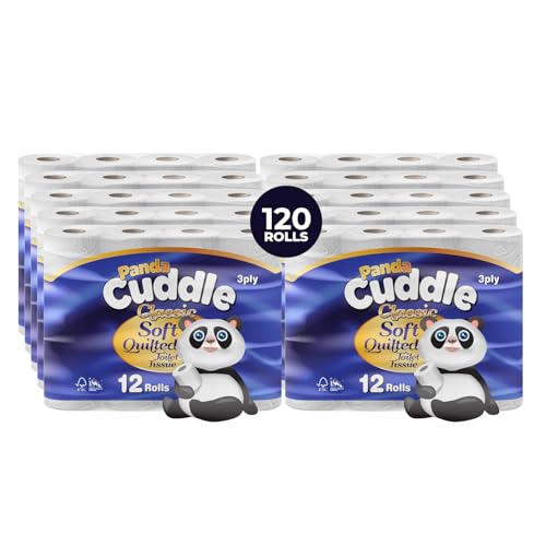Panda Cuddle 3Ply Quilted Toilet Paper Ultra Soft & Gentle Bulk Loo Rolls Bulk Bathroom Tissue - Maxi Value Pack of 120 Rolls Sustainable Gentle Bathroom Tissue Unscented - Pack of 120