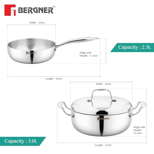 Image of Bergner Argent Saira Saiba Triply Stainless Steel 3 Pcs Cookware Set - 22 cm (2.5 L) Multi Frypan, 22 cm (3 L) Casserole and Common Stainless Steel Lid, Cook and Serve, Less Oil Use - Induction Bottom
