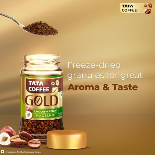 Image of Tata Coffee Gold, Hazelnut Flavoured Coffee, 50g Jar, Instant Coffee Powder, Freeze Dried Coffee Beans, Full Bodied Taste & Rich Aroma (Pack of 3)