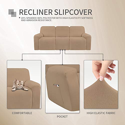 Image of Easy-Going 8 Pieces Microfiber Stretch Sectional Recliner Sofa Slipcover Soft Fitted Fleece 3 Seats Couch Cover Washable Furniture Protector with Elasticity for Kids Pet(Recliner Sofa, Camel)