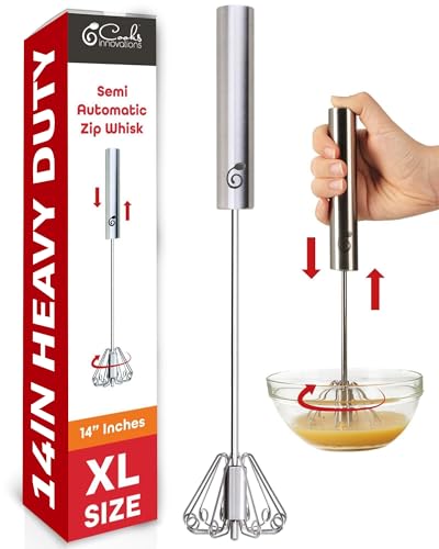 14 Inch Stainless Steel Hand Whisk - Durable & Easy to Use Push-Down Zip Whisker - Rotary Hand Mixer for Beating Eggs, Frothing Milk, Blending, Mixing, Whipping Smoothies & Shakes - Kitchen Tools