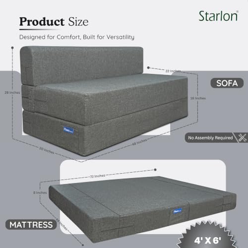 Image of Starlon 2 Seater Foldable Sofa Cum Bed 3-in-1 with Washable Jute Fabric Cover, Space Saving Guest Bed for Living Room & Apartment, Pre-Assembled Ash Gray 4x6 Ft