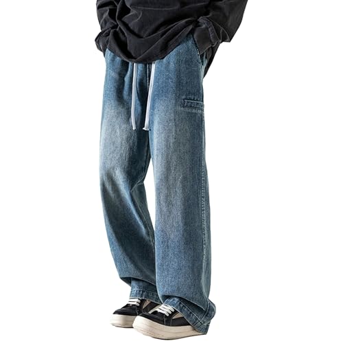 Mens Straight Leg Jeans Elastic Waist Denim Skate Pants Mens Jeans Regular Fit Hip Hop Loose Fit Denim Pants