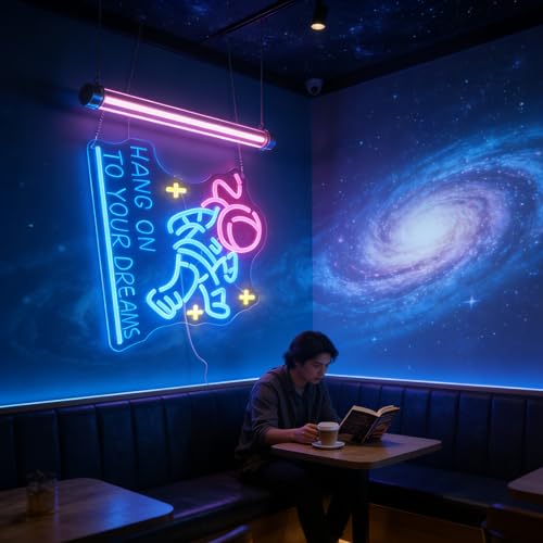 Image of inchHang on to Your Dreams inch Tired Astronaut Neon Light - Motivational Space Themed LED Wall Art, Dimmable USB Night Light with Hanging Kit, Inspiring Study Bedroom Decor Gift for Students & Dreamers