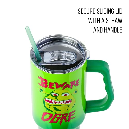 Image of Silver Buffalo Shrek Beware Ogre Double Walled Stainless Steel Tumbler with Handle and Straw, Fits in Standard Cup Holder, 40 Ounces
