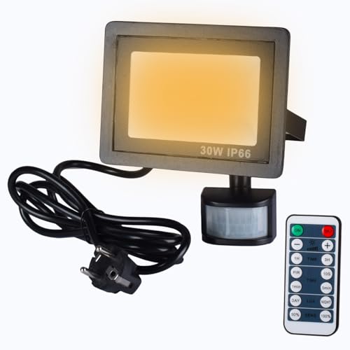 Etrogo 30W LED Strahler mit Bewegungsmelder Außen mit Fernbedienung Lichtsenso 3000K Warmweiß 3000Lm Dimmbar 42Leds IP66 Wasserdicht Fluter für Garten Garage Sportplatz