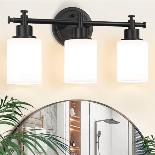 Image of 3-Light Black Bathroom Light Fixtures, Modern Vanity Lights Over Mirror, Bathroom Wall Sconces with White Glass Shade, E26 Socket, 15.75 inch Compact Vanity Light Fixtures