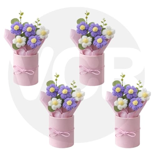 Image of VCR Handmade Light Purple Crochet Bouquet- Pack of 4 - Hand Woven Knitted Artificial Hand Knitted Bouquet Flower for Office Desk, Table, Car, Bedroom, Wedding & Special Occasions