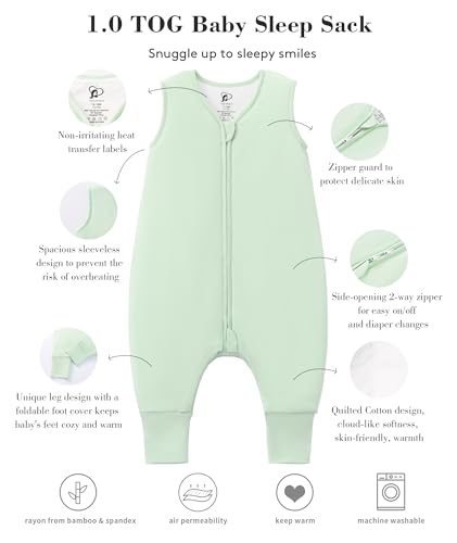 Image of Baby /Toddler Sleep Sack with Legs, Rayon from Bamboo 95% + 5% Spandex, 1.0 TOG, 2‑Way Zipper Sleeping Bag, Walker‑Friendly 12-18M Green