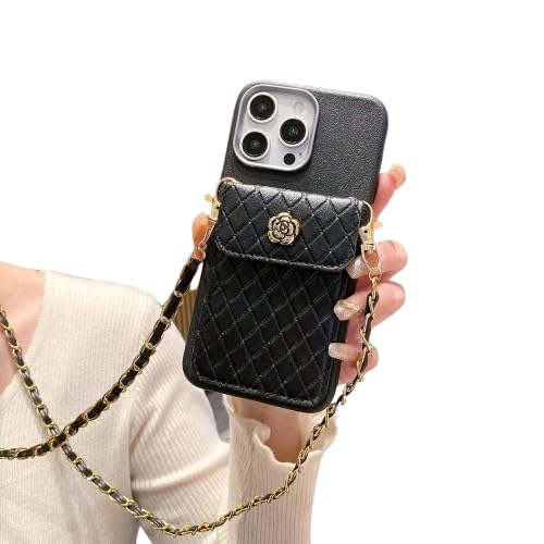 SPARKUP Crossbody Wallet Case for iPhone - Black Textured with Gold Chain, Card Holder, Strap Button Closure, Flip Kickstand, Shockproof Silicon Protective Cover (Black) (iPhone 16 Plus)