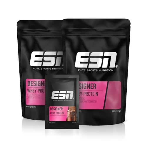 ESN Designer Whey Proteinpulver + Gratis Sample, Strawberry, 2 x 1 kg, bis zu 23 g Protein pro Portion, ideal zum Muskelaufbau und -erhalt - made in Germany