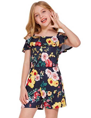 Hopeac Girls Floral Printed Jumpsuits Casual Sleeveless Elastic Waist Spaghetti Strap Rompers Size 4-13 Years #TOP1