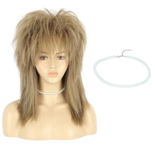 VGbeaty 70s 80s Mullet Women Shoulder Length Straight Light Brown Wig with Necklace Rock Disco Cosplay Party Halloween Costume Wig
