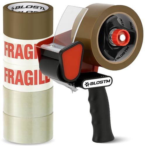 BLOSTM Tape Gun & Mixed Packing Tape 6 PCS - Strong Parcel Tape Dispenser with 6 Rolls - Clear, Fragile, Brown - Ideal for Packing Boxes for Moving House, Sealing Parcels, Packaging