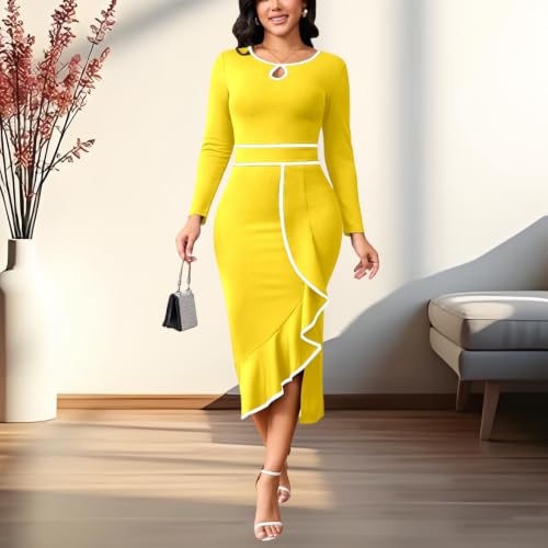 Image of Women's Elegant Church Vintage Bodycon Dress Casual Long Sleeve Work Business Pencil Split Sheath Midi Dresses