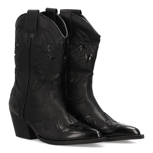 shoes&blues.es 97640 Bota Cowboy para Mujer con Diseno de Estrellas Brillantes. Punta Fina, Tacon Ancho Medio. Cierre de Cremallera. Ideal Otono Invierno. Negro Talla 37