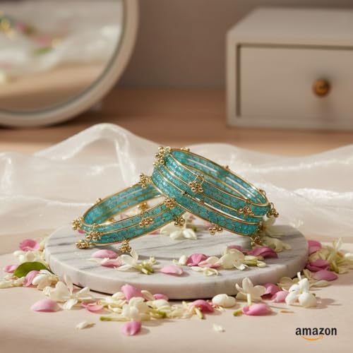 Image of Kashmiri Ghangharoo Glass Bangle Set for Women| Light Weight Bangles | Traditional Transparent Fancy Glass Chudi Set for Wedding, Party|Set Of 16(12 Glass + 4 ghungroo bangles)