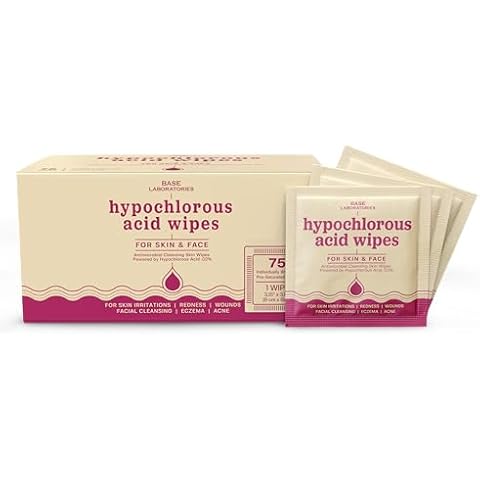 BASE LABORATORIES Hypochlorous Acid Wipes | Saline Solution and HOCl Infused Wound Cleaning Wipes for Skin & Face | Cleanses, Sanitizes & Soothes Skin Irritations, Piercings, Acne & Eczema | 75 Wipes Cover